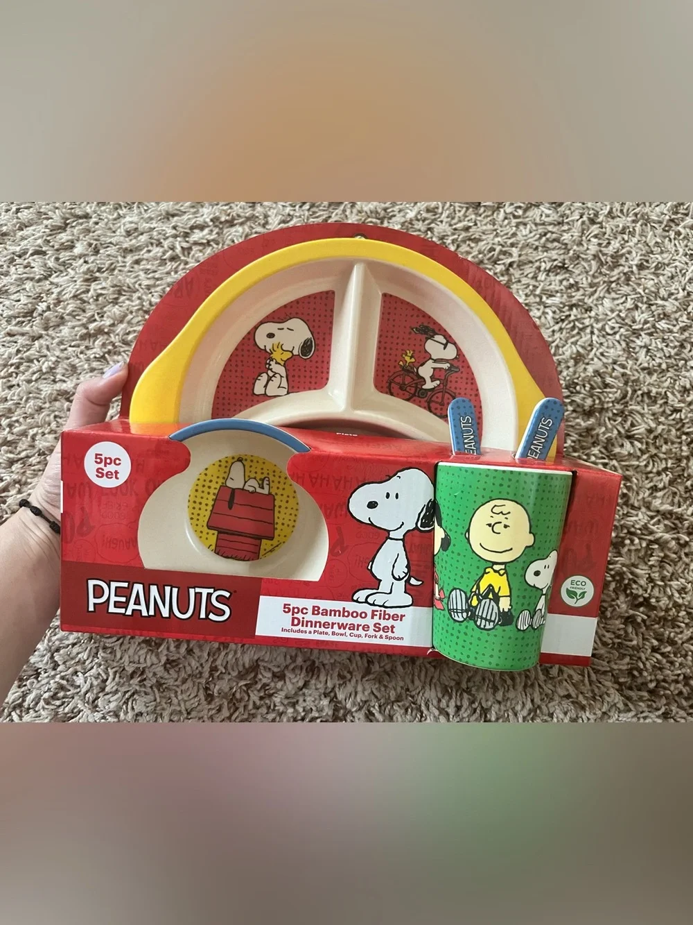 Peanuts 5pc Bamboo Fiber Dinnerware Set Plate, Bowl, Cup, Fork & Spoon - Picture 3 of 8